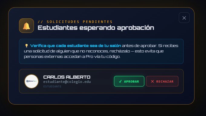 Pantalla de solicitudes pendientes con botones de aprobar y rechazar estudiantes