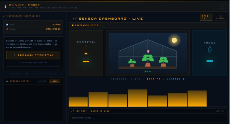 Dashboard de la misión con temperatura, humedad e histórico